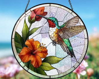 Hummingbirds and Wild Flowers Stained Glass Suncatcher Window Hanging Grandma Gift Nature Birds Light Catcher Wall Art, Gifts for Women Mom