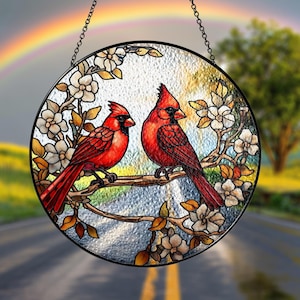 Kardinal-Buntglas-Suncatcher, Cadinal Glaskunst, Kardinal-Liebhaber, Jubiläumsgeschenk, roter Kardinal und Blume, Kardinal-Fensterbehang