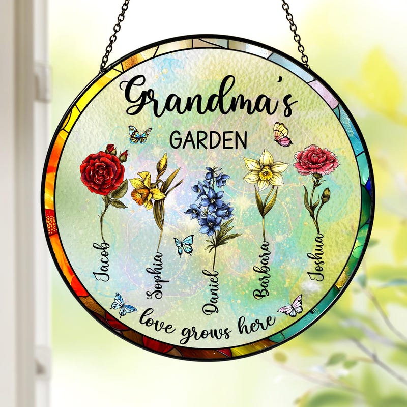 Personalized Grandma's Garden Gift For Grandma, Grandma Gift, Mother's Day Gift For Grandma, Nana Birth Month Flower Stain Glass Suncatcher
