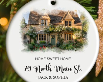Personalized New Home Photo Ornament, Custom House Address Ornament, Housewarming Gift, Water Color House Photo, Couples Home Ornament
