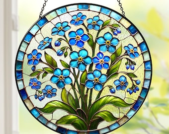 パーソナライズされた忘れな草の青い花のステンドグラスの窓飾り、自然
