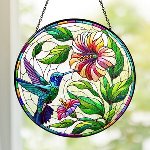Kolibrie glas-in-lood zonnevanger, raam hangend, kolibrieliefhebber, vogel kunst aan de muur cadeau voor moeder oma, glaskunst klaproos, woondecoratie