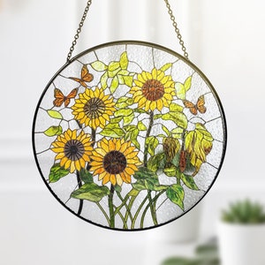 Monarch Butterfly Sunflower Stained Glass Suncatcher, House Decoration Butterfly Window Hanging Moth Lover Gift, Flower Sun Catcher