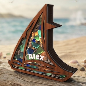 Sailboat Sea Glass Display Box, Coastal Decor Shadow Box, Seashell Beach Memory Frame, Custom Beach Themed Shadow Box, Handmade Ocean Art