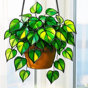 Akryl solfångare med pothosväxt, trädgårdsdekor, konstgjord glasfönsterhänge för växtälskare med botaniskt tema, konstdekor