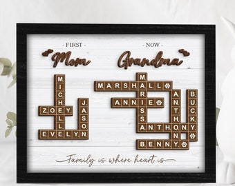 First Mom Now Grandma Scrabble Puzzle Personalized, Grandma Crossword Frame, Scrabble Tiles, Grandkids Name Keepsake, Mother's Day Gift