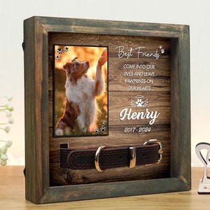 Pet Memorial Shadow Box - Rustic Collar Holder With Paw Print Kit For Dog & Cat Remembrance Display