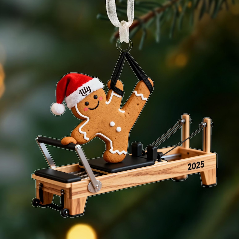 Gingerbread Pilates Christmas Ornament, Custom Name Pilate Lover Gift,Santa Hat Reformer Decor, Cute Fitness Christmas Gift, Xmas Gift for Her