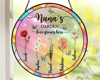 Grandma's Garden Suncatcher,Personalized Birth Flower Stained Glass Window Hanging Suncatcher, Mother's Day Gift For Grandma, Nana Floral