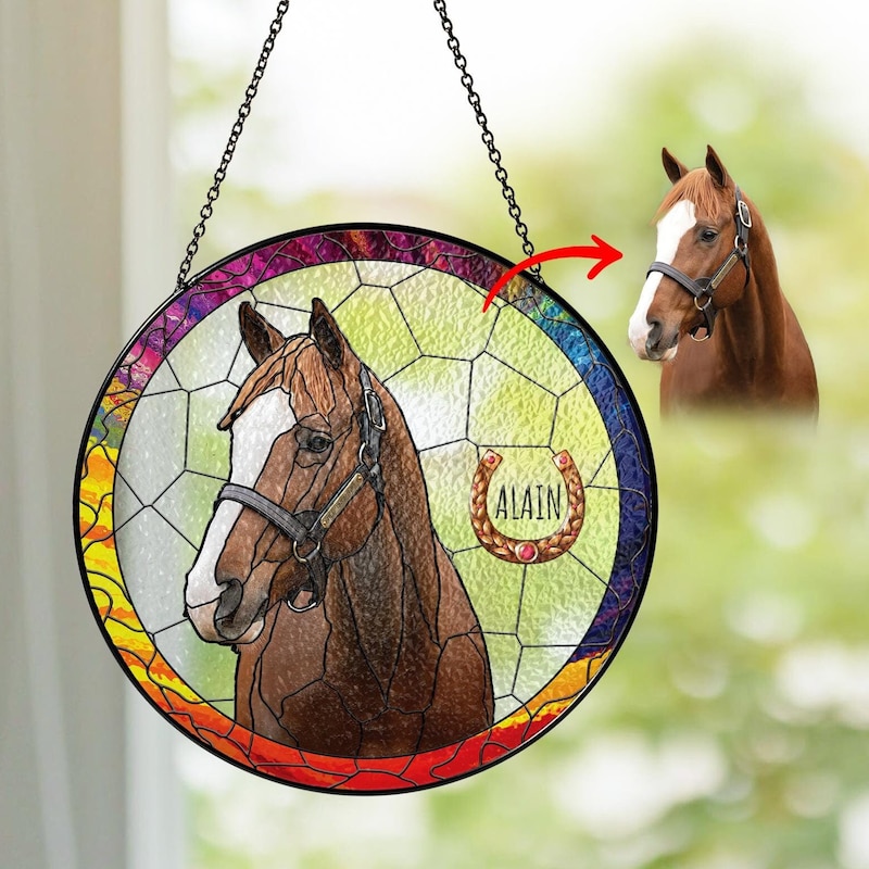 🎁Buy 2 FREE SHIPPING🎁 Personalized Horse Portrait Stained Glass Suncatcher Horse Lover Gift Pet Photo Lightcatcher Horse Loss Pet Memorial Pet Lover Gift