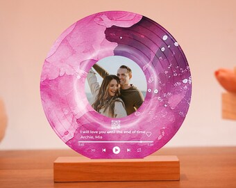 Personalisierte Schallplatte mit Ihrem Foto als Paar Geschenk, benutzerdefinierte Song Plaque Jubiläumsgeschenk, personalisierter Holzständer, persönliches Mixtape Vinyl