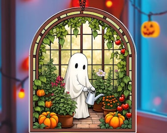 May include: A Halloween-themed pendant featuring a cartoon ghost watering plants in a greenhouse. The design includes pumpkins, flowers, and a brick floor, all within a decorative arched frame. The pendant hangs from a silver chain, perfect for seasonal decor.