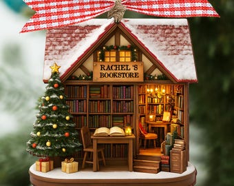 May include: A festive Christmas tree ornament in the shape of a bookstore, with a red and white gingham ribbon. The ornament includes a small Christmas tree, a detailed interior, and the text "RACHEL'S BOOKSTORE".