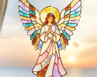 Angel Suncatcher Stained Glass, Custom Name Guardian Angel Home Decor Gift, Window Hanging, Memorial Gift For Mom, Spiritual Light Catcher