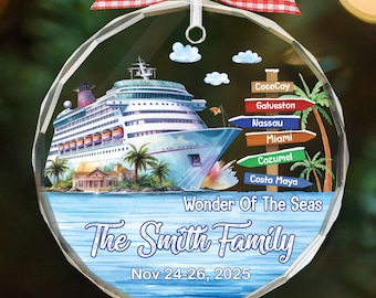 May include: A clear, faceted ornament featuring a cruise ship illustration. The ornament includes text that reads "Wonder Of The Seas," "The Smith Family," and dates. A red and white checkered bow and white ribbon are at the top.