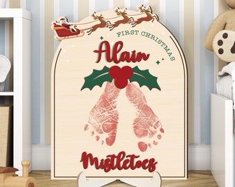 DIY Footprint Art Sign, Baby's First Christmas, Mistletoes Sign, Christmas Handprint Art Sign, Wooden Kids Craft, Custom Children's Keepsake