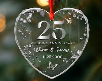 Silver 25th Anniversary Gift, 25th Wedding Anniversary Glass Ornament, 25 Years Anniversary Gift for Parents, Gift for Husband Wife Couple