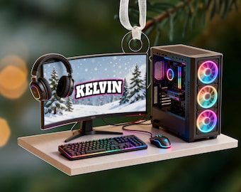 Juldekoration för PC-spel, present till PC-spelälskare med eget namn, present till skrivbordsinstallation med RGB-lampor för spelare, juldekoration för speldatorer