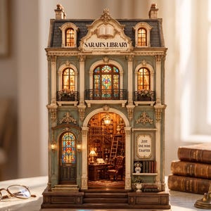 May include: A miniature library building model with a blue-grey facade, stained glass windows, and interior lighting. The structure features the text 'SARAH'S LIBRARY' and 'JUST ONE MORE CHAPTER' on its exterior, with detailed architectural elements.