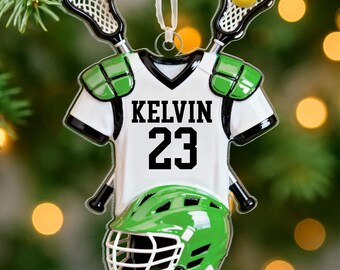 Gepersonaliseerde lacrosse kerstornament, sportornament met naam en nummer, lacrosse aandenken, cadeau voor spelers en coach, cadeau voor lacrosse