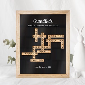 Placa de palavras cruzadas de família, placa de nome de família personalizada, letra de Scrabble de família personalizada, palavras cruzadas de Scrabble, jogo de Scrabble de nomes para netos