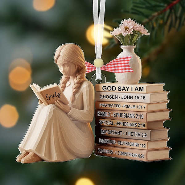 Custom Christian Christmas with Name, God Says I Am Ornament, Bible Verse Gift for her,Girl Reading Book Ornament,Religious Gift,Book Lovers