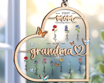 Grandma's Garden Suncatcher First Mom Now Grandma Personalized Birth Flower Stained Glass Window Hanging Suncatcher Mothers Day Gift For Mom