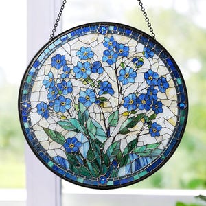 Niezapominajka Kwiaty Witraż Łapacz Słońca, Zawieszka Okienna, Prezent Na Dzień Matki Dla Babci, Kwiatowy Łapacz Słońca, Prezent Dla Ogrodnika, Sztuka Szkła Kwiatowego
