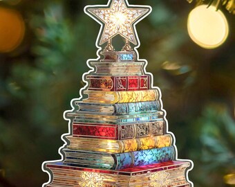 May include: A festive Christmas tree ornament in the shape of a stack of books, with a star at the top. The ornament is suspended by a red and white checked ribbon. The books have colourful spines and are made of clear material.