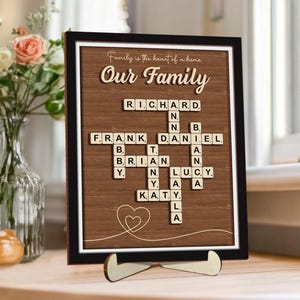 May include: A framed wood sign with a brown background and a white border. The sign features a scrabble tile crossword puzzle with the names "Richard", "Frank", "Daniel", "Brian", "Lucy", and "Katy" spelled out. The sign also includes the text "Family is the heart of a home" and "Our Family".