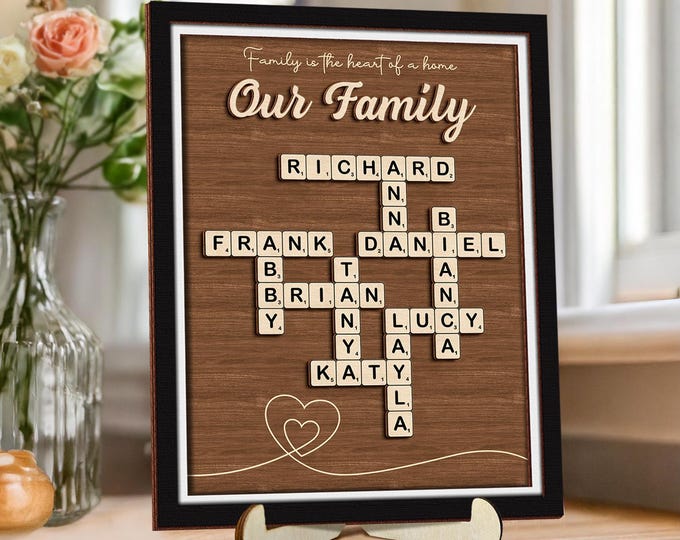 Custom Scrabble Family Name Frame,Scrabble Puzzle,Grandkid Crossword Scrabble Wooden Sign,Unique Gift for Parents Grandparent,Last Name Sign