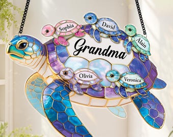 Personalized Sea Turtle Suncatcher,Mothers Day Gift For Grandma Mom with Kids Name,Family Name,Window Hanging,Turtle Beach Lovers Gift