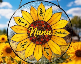 Sunflower Stained Glass Suncatcher, Family Christmas Gift Nana Nini Mom Mother Sunflower, Flower Garden Gift Home Decor Mother Day Gift