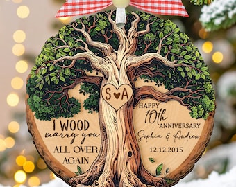 Aangepaste houten verjaardag bruiloft ornament, 5e verjaardag kerstcadeau, I Wood Marry You helemaal opnieuw, 50e verjaardag, cadeau paar