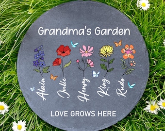 Pierre de jardin personnalisée, cadeau de fleur de naissance personnalisé, cadeaux de Noël, cadeau de fleur de naissance d'un petit-enfant, décoration de pierre de jardin de grand-mère avec noms