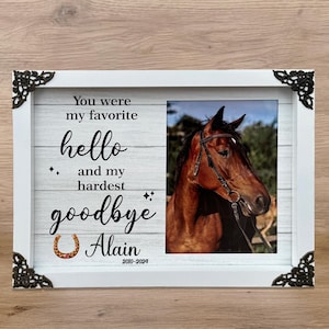 Pode incluir: Moldura de madeira branca com cantos ornamentados pretos. A moldura tem uma foto de um cavalo castanho com uma rédea. O texto na moldura diz "You were my favorite hello and my hardest goodbye Alain 2010-2024".