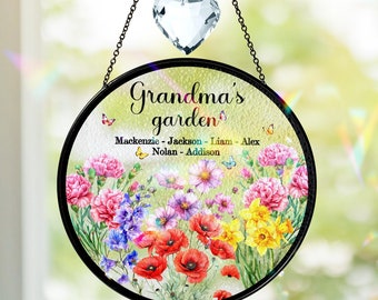 Personalized Birth Flowers Stained Glass Suncatcher, Custom Grandma's Garden Gift, Mom Gift, Grandma Gift From Grandkids, Floral Gift