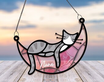 Cat Memorial Suncatcher Sleeping Cat on Moon Loss of Pet Sympathy Gift Handmade Name Cat Ornament Cat Lovers Gifts Cat Passing Remembrance