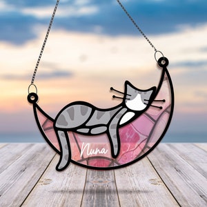 Cat Memorial Suncatcher Sleeping Cat on Moon Loss of Pet Sympathy Gift Handmade Name Cat Ornament Cat Lovers Gifts Cat Passing Remembrance zdjęcie 1