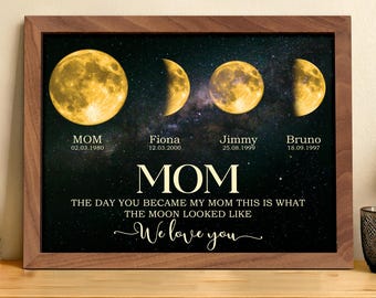 May include: A framed print featuring four phases of the moon against a starry background. The print includes the word "MOM" and the text "THE DAY YOU BECAME MY MOM THIS IS WHAT THE MOON LOOKED LIKE". Names and dates are also included.