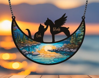 Personalize 2 Pet Memorial Suncatcher, Cat and Dog on Moon for Light Catcher Gifts, Dog Memorial Ornament, Gift for Pet Lovers, Wall Hanging