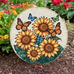 Custom Sunflower Flat Garden Stone,Monarch Butterfly Stone,Slate Grave Marker,In Loving Memory,Floral Stone,Mom,Auntie,Sister,Grandma Gift