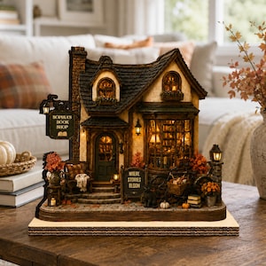 May include: A miniature illuminated bookshop model named Sophia's Book Shop with a dark roof, stone-textured walls, and a sign reading Where Stories Bloom. The structure features warm interior lighting, a front door, a bay window, and autumn decor.