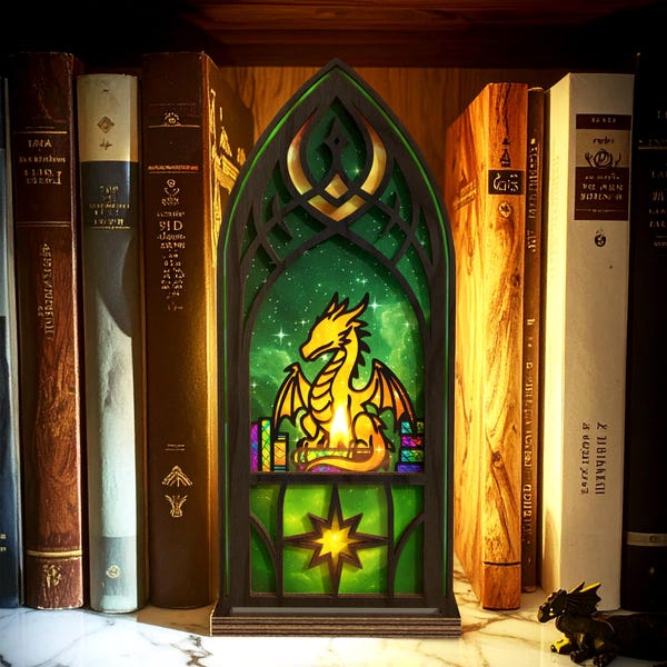 Fantasy Book Nook With Candle,Dragon Window Bookshelf Decor,Book End,Reader Gift,Book Lover,Bookish,Glowing Library Insert,Book Nook Light