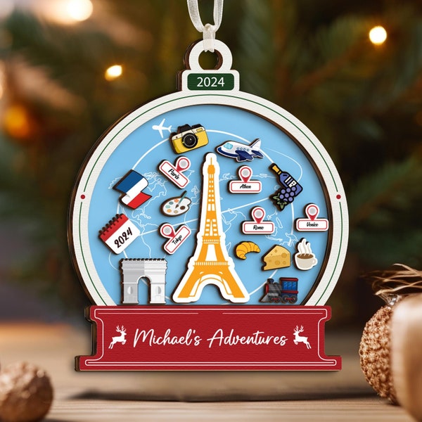 Travel Adventures Christmas Ornament, Travel Lover Gift, Couple Trip Keepsake, Our Adventure Awaits, Custom Travel Icon Shake Ornament