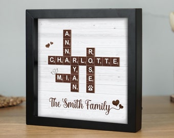 Scrabble Family Name Frame, Custom Family Letter Tile, Family Crossword Scrabble, Grandkids Name Keepsake, Scrabble Letter Family Name Board