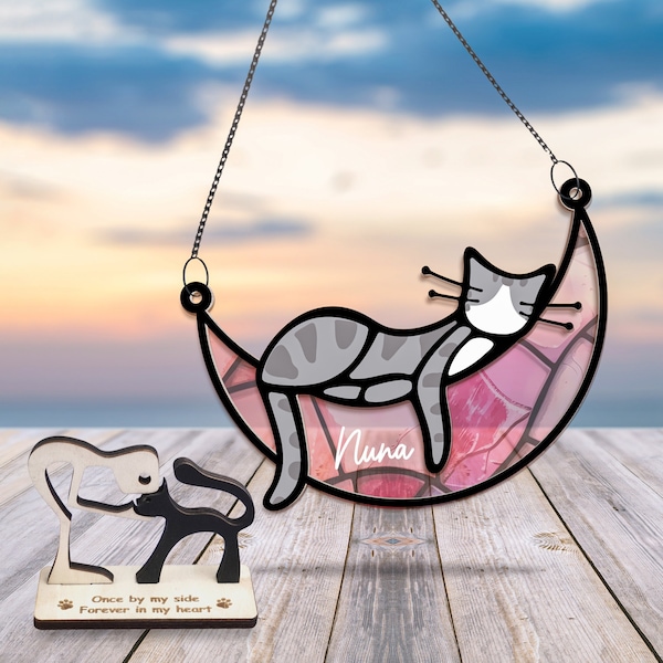 Cat Memorial Suncatcher Sleeping Cat on Moon Loss of Pet Sympathy Gift Handmade Name Cat Ornament Cat Lovers Gifts Cat Passing Remembrance