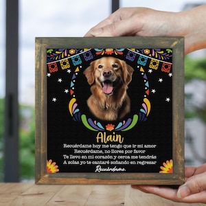 May include: A framed print with a black background and a colorful border. The print features a photo of a golden retriever dog and the text "Alain Recuérdame hoy me tengo que ir mi amor Recuérdame, no llores por favor Te llevo en mi corazón y cerca me tendrás A solas yo te cantaré soñando en regresar Recuérdame."