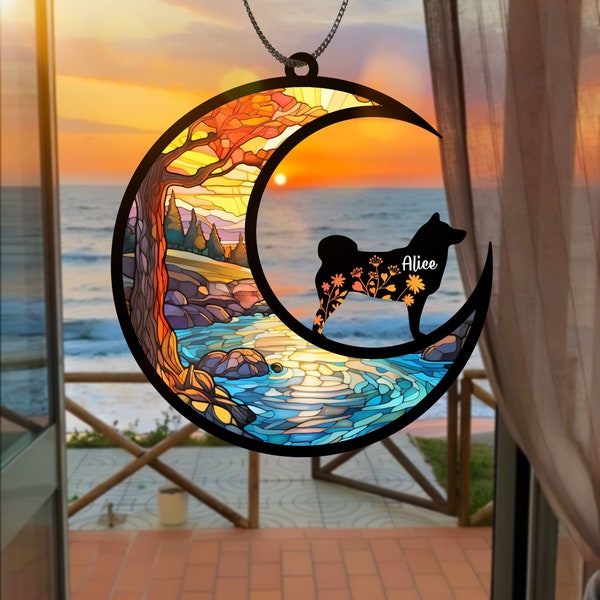 Dog Memorial Suncatcher Rainbow Bridge Pet Dog Name Ornament Pet Passing Sympathy Gifts Dog Mom Stained Glass Light Catcher Window Hanging