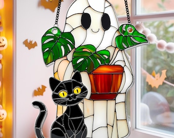 Cute Ghost Plant And Cat ACRYLIC Suncatcher,Ghost Monstra Window Hanging,Hangings Plant Lover Gift,Black Cat Lover,Mom Gift,Halloween Decor